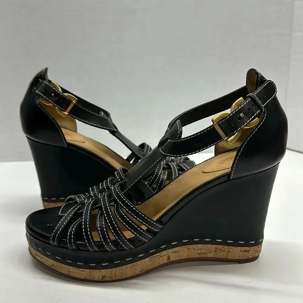 Chloe Marcie Wedges Leather T-Strap Platform High Heel Sandals Black Size 40.5